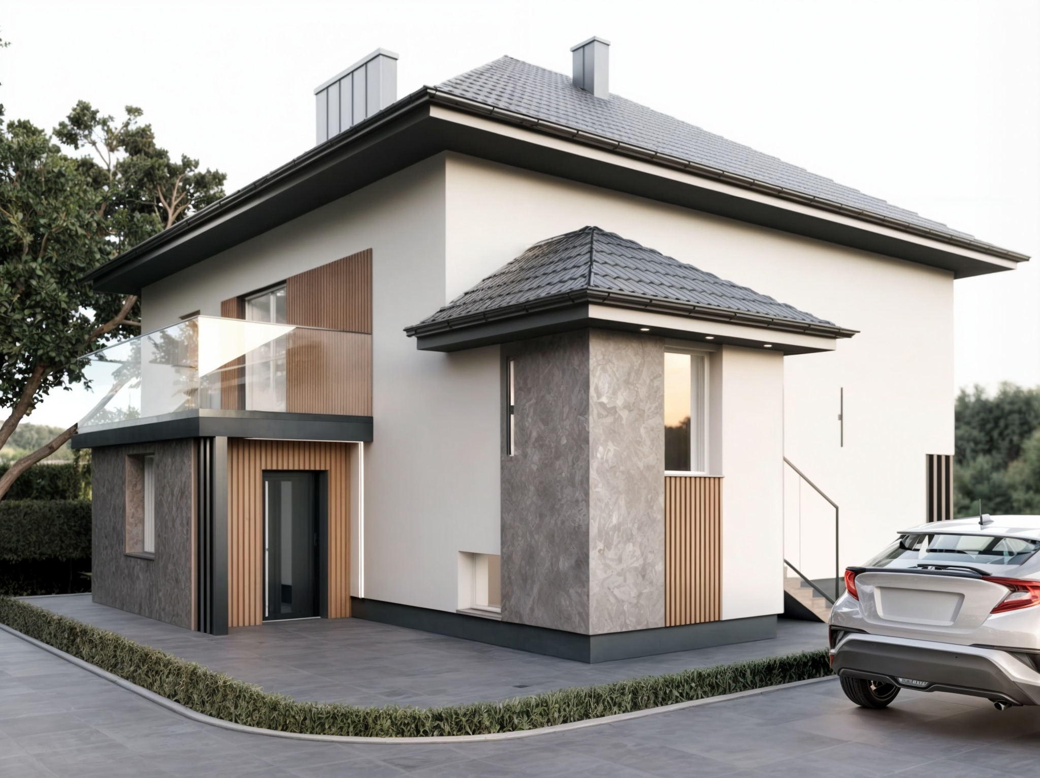 Dwukondygnacyjny dom z szarą dachówką i elementami drewnianej boazerii, z balkonem i szklaną balustradą, z szarym brukowanym podjazdem i zaparkowanym samochodem.