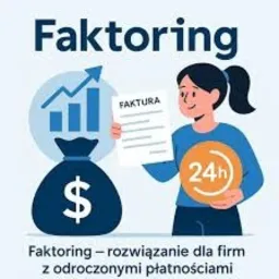 Ilustracja faktoringu: kobieta trzyma fakturę, obok worek z pieniędzmi i wykres wzrostu, symbolizujące odzyskanie środków dla firm z płatnościami odroczonymi.
