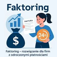 Ilustracja faktoringu: kobieta trzyma fakturę, obok worek z pieniędzmi i wykres wzrostu, symbolizujące odzyskanie środków dla firm z płatnościami odroczonymi.