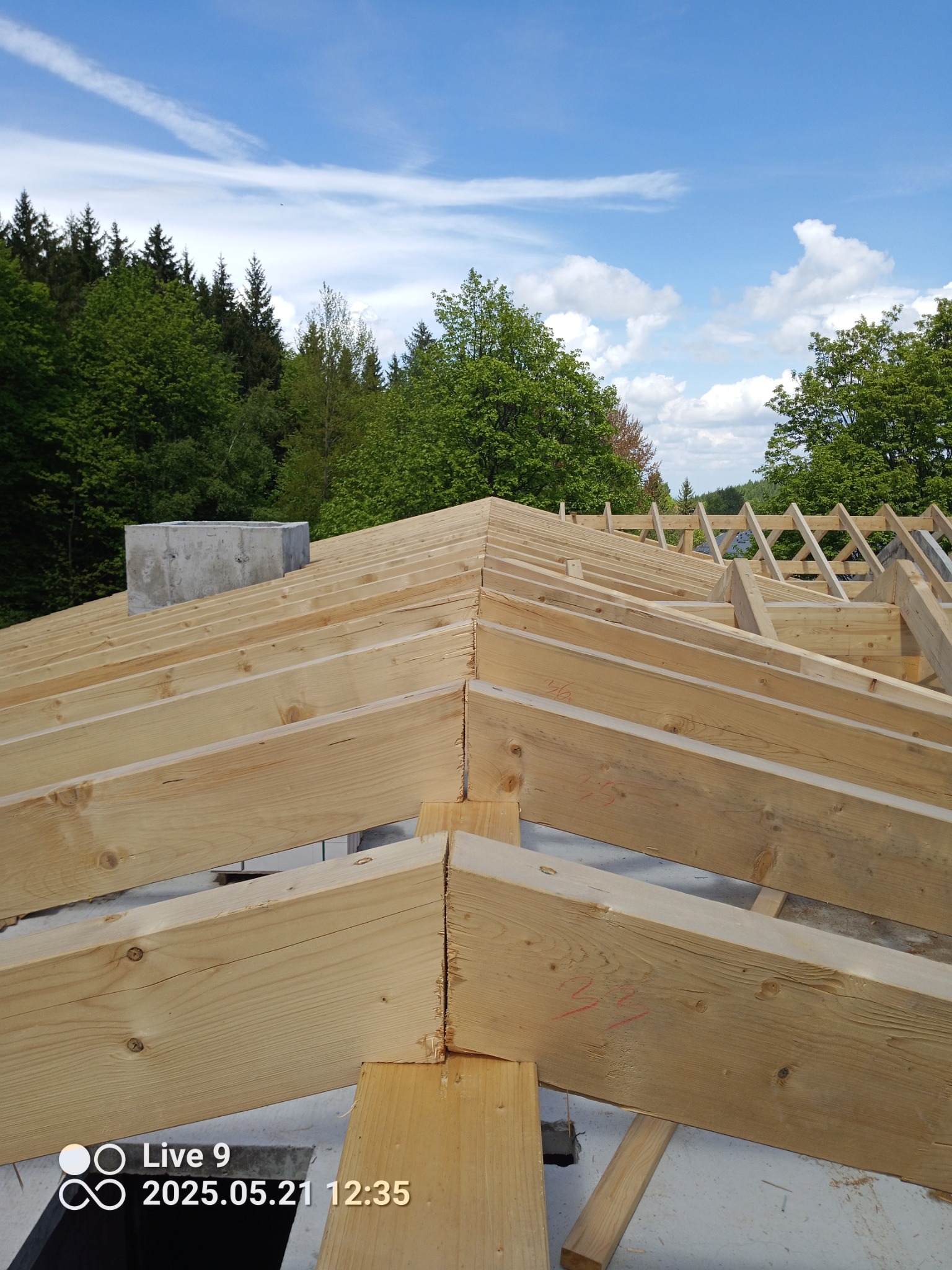 Wznoszenie drewnianej więźby dachowej z kominem w tle, widok z góry na konstrukcję z jasnego drewna, las i błękitne niebo w tle.