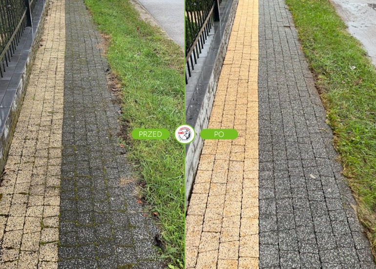 Kostka brukowa przed i po czyszczeniu: po lewej stronie zabrudzona, porośnięta mchem, po prawej wyczyszczona, z widoczną strukturą i kolorem. Porównanie efektu.