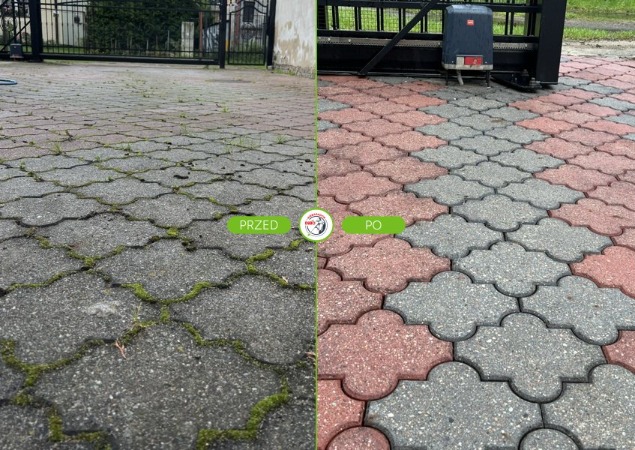 Kostka brukowa przed i po czyszczeniu, widoczne mech i zabrudzenia po lewej stronie oraz czysta kostka po prawej. Efekt 'przed i po' z bramą w tle.