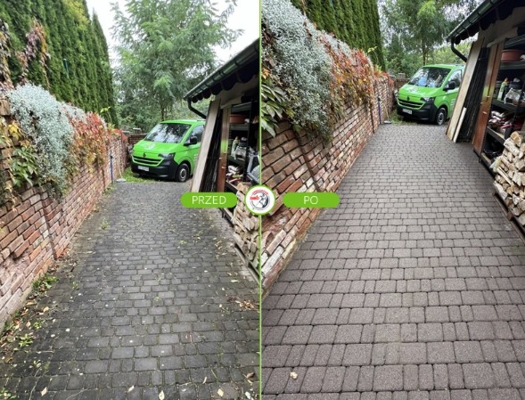 Efekt przed i po czyszczenia kostki brukowej w Ośno Lubuskie. Porównanie stanu nawierzchni przed i po zabiegu, z widoczną różnicą w czystości i wyglądzie.