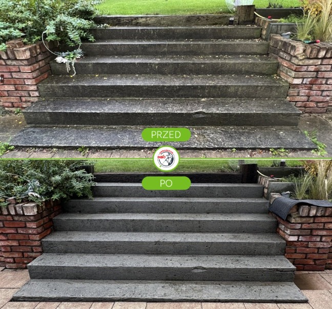 Schody betonowe przed i po czyszczeniu, widoczne zabrudzenia i mech przed, czyste i odświeżone po. Ujęcie z bliska, zieleń w tle, ceglane elementy po bokach.