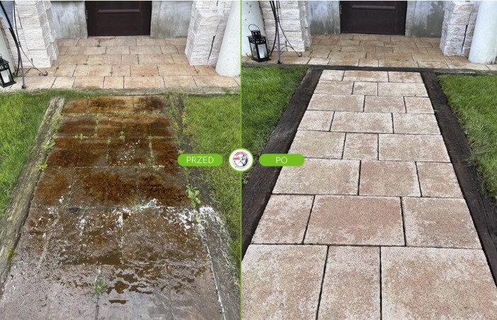 Kostka brukowa przed i po czyszczeniu, widok z góry. Po lewej stronie zabrudzona, po prawej czysta, z wyraźnym kontrastem. Otoczenie: trawa, budynek.