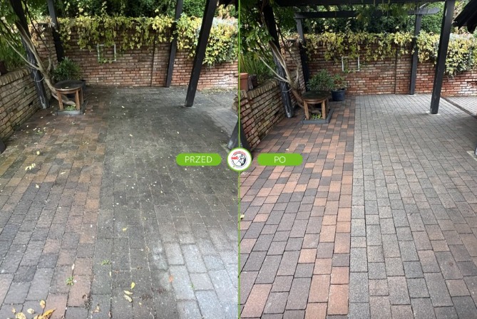 Kostka brukowa przed i po czyszczeniu. Lewa strona brudna, prawa czysta, ukazująca różnicę w kolorze i wyglądzie. Widoczne zacieki i zabrudzenia usunięte.