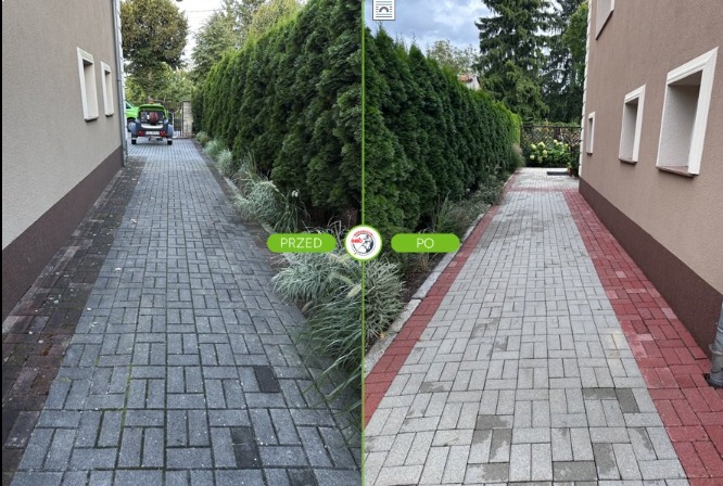 Efekt mycia kostki brukowej: porównanie 'przed' (ciemna, zabrudzona) i 'po' (czysta, jaśniejsza) z widoczną różnicą w kolorze i usuniętym brudem.