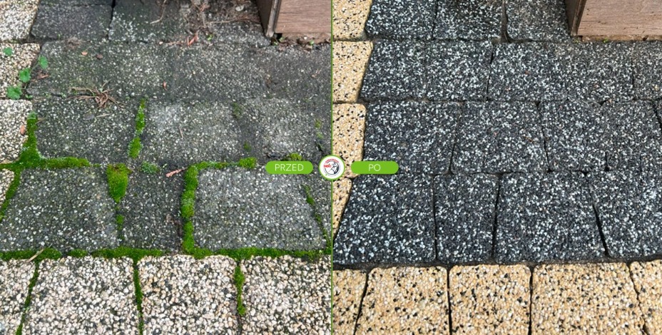 Kostka brukowa przed i po czyszczeniu: po lewej zaniedbana, z mchem, po prawej wyczyszczona, ukazująca naturalny kolor. Widoczne napisy 'Przed' i 'Po'.