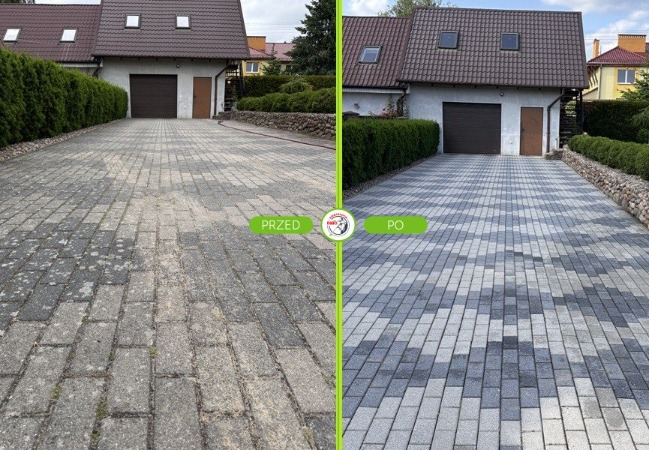 Efekt mycia kostki brukowej: porównanie stanu przed i po zabiegu. Kostka czysta, bez mchu i zabrudzeń, z wyraźnym wzorem. Widoczny budynek w tle.