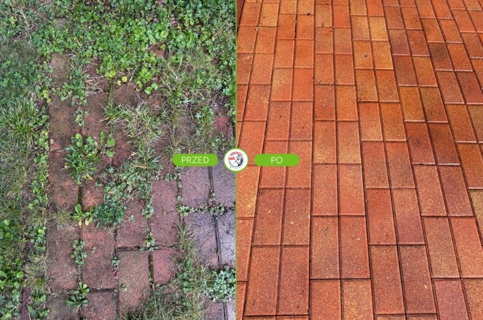 Zdjęcie kostki brukowej przed i po czyszczeniu, z widoczną różnicą w kolorze i brakiem porostu. Ujęcie z góry, ukazujące efekt mycia.