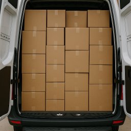 Oto nasza ostatnia przeprowadzka — wszystko starannie spakowane, ułożone i gotowe do drogi! Mercedes Sprinter wypełniony po brzegi kartonami — organizacja na najwyższym poziomie!