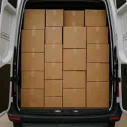 Mercedes Sprinter wypełniony kartonami, gotowy do transportu. Widok z tyłu, otwarte drzwi, starannie ułożone paczki. Realizacja przeprowadzki.