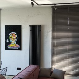 Szybka Roletka - Szare żaluzje aluminiowe zamontowane w oknach nowoczesnego salonu z betonową ścianą, oświetleniem szynowym i obrazem w stylu Basquiata.