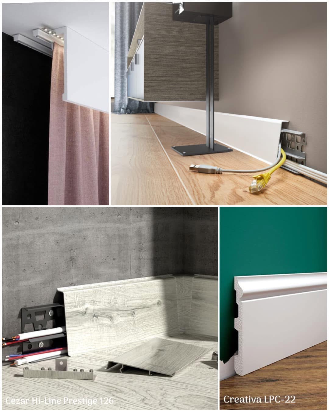 Kompozycja czterech zbliżeń listew przypodłogowych: białe, szare, z maskowaniem kabli, montowane na różne sposoby i do różnych podłoży.
