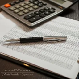 Kalkulator, długopis i arkusz kalkulacyjny na biurku. Narzędzia pracy księgowego w stonowanej kolorystyce.