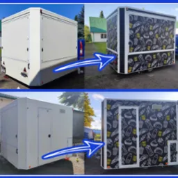 Przyczepa gastronomiczna przed i po oklejeniu folią z motywem street food. Widoczne detale: czarne tło, białe rysunki jedzenia, napisy. Porównanie stanu przed i po.