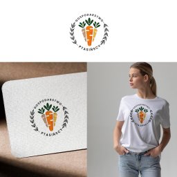 FIRMA USŁUGOWO HANDLOWA SZYMON DONAJSKI - Prezentacja logo 'Gospodarstwo Ptasińscy' na wizytówce i koszulce, z motywem trzech marchewek w okręgu z gałązek. Układ kompozycyjny z białym tłem i elementami mock-up.