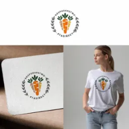 Prezentacja logo 'Gospodarstwo Ptasińscy' na wizytówce i koszulce, z motywem trzech marchewek w okręgu z gałązek. Układ kompozycyjny z białym tłem i elementami mock-up.