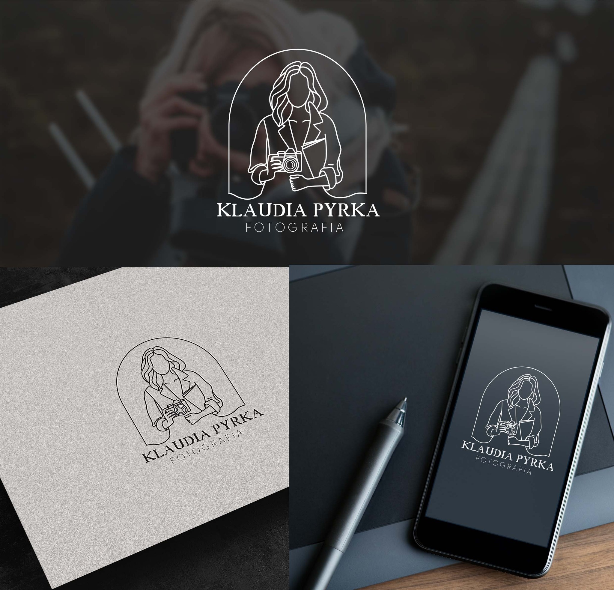 Logo fotografki Klaudii Pyrki zaprezentowane na wizytówce i ekranie smartfona, obok leży rysik graficzny. Minimalistyczna grafika z motywem kobiety z aparatem.
