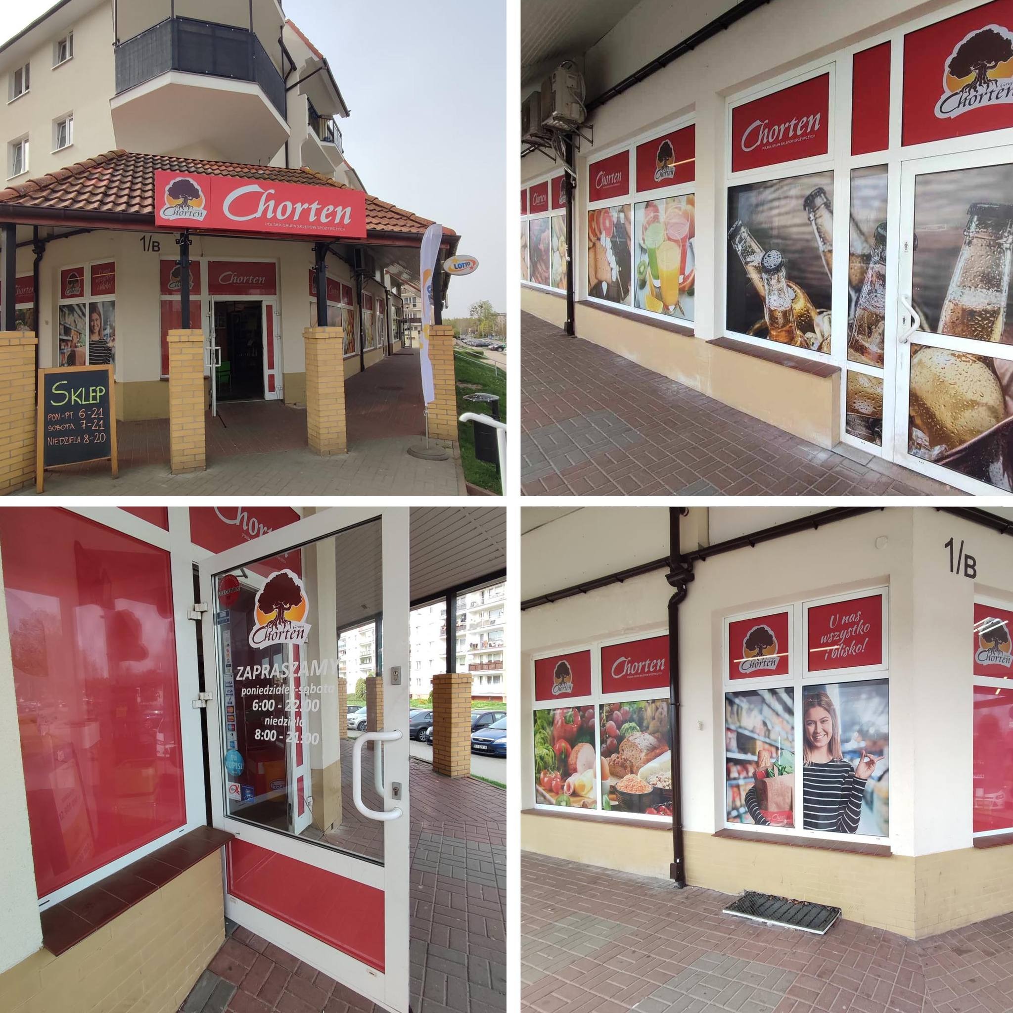 Fasada sklepu spożywczego Chorten z reklamami w oknach prezentującymi produkty. Widoczny szyld z logo, godziny otwarcia na tablicy i zapraszające napisy na drzwiach.