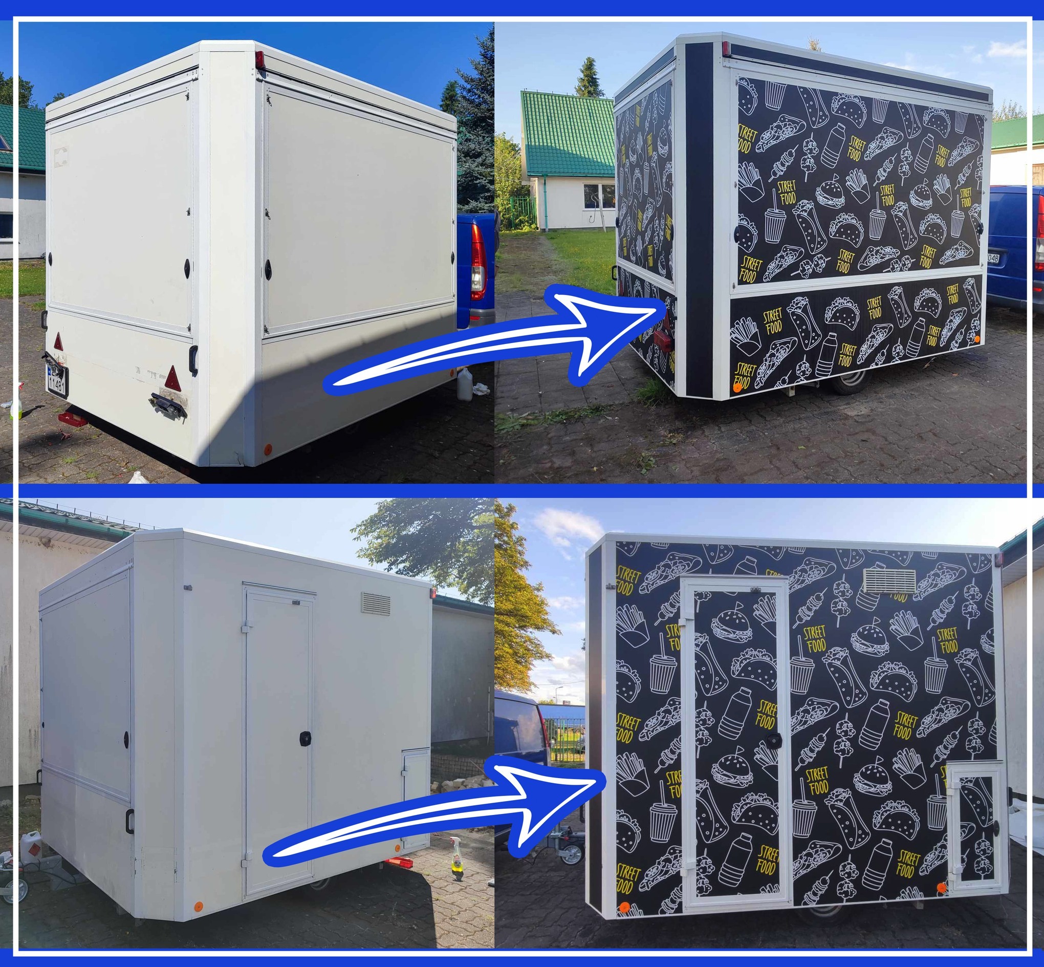 Przyczepa gastronomiczna przed i po oklejeniu folią z motywem street food. Widoczne detale: czarne tło, białe rysunki jedzenia, napisy. Porównanie stanu przed i po.