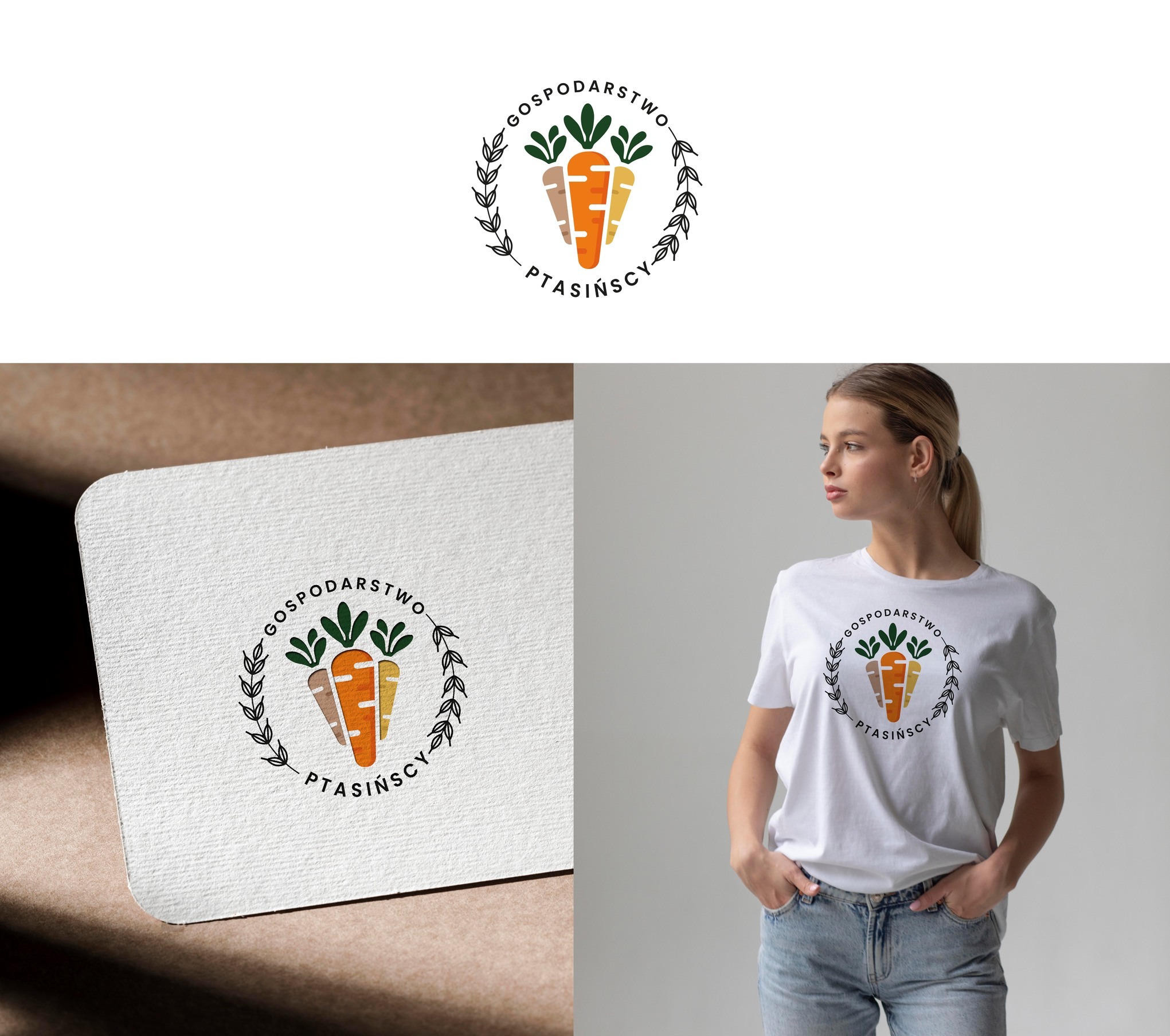 Prezentacja logo 'Gospodarstwo Ptasińscy' na wizytówce i koszulce, z motywem trzech marchewek w okręgu z gałązek. Układ kompozycyjny z białym tłem i elementami mock-up.