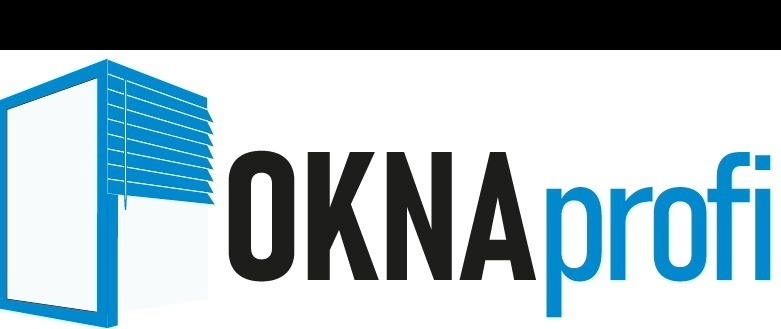 Grafika z logotypem firmy 'OKNA profi' w kolorach czarnym i niebieskim, przedstawiająca okno z żaluzjami w lewym górnym rogu.