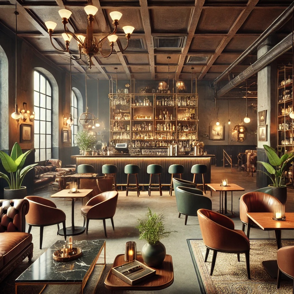 Wnętrze baru w stylu retro z oświetlonym barem, zielonymi stołkami barowymi, skórzanymi fotelami i stolikami kawowymi. Duże okna wpuszczają naturalne światło.