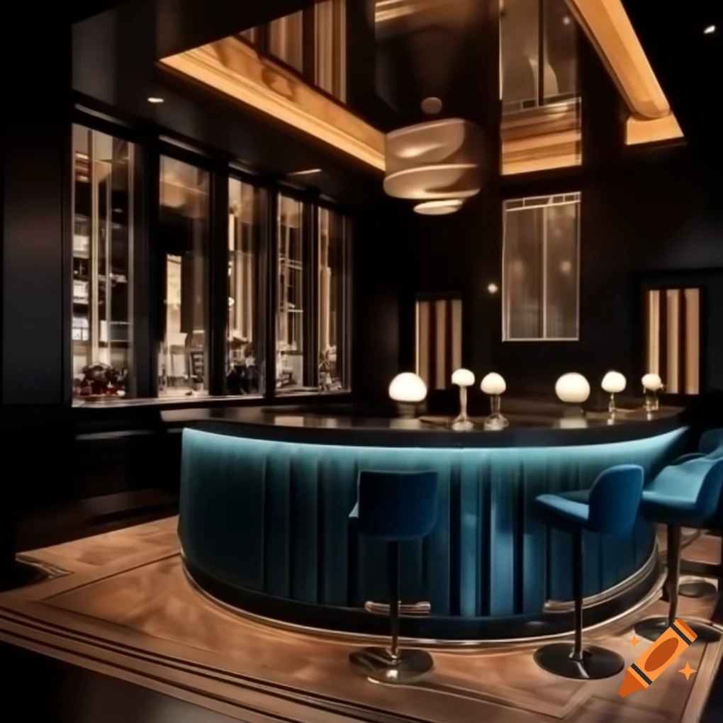 Ekskluzywny bar z podświetlanym blatem i aksamitnymi krzesłami w ciemnym wnętrzu. Lustrzane sufity i lampki dodają elegancji.