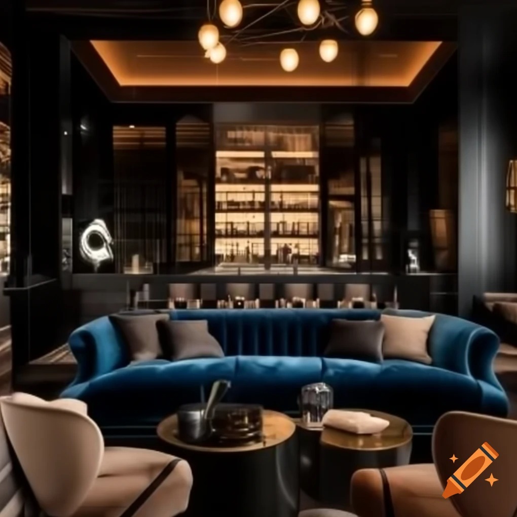 Elegancki salon z aksamitną sofą w odcieniach niebieskiego, złotymi stolikami kawowymi i oświetleniem. W tle barek z podświetlanymi półkami. Nowoczesny design.