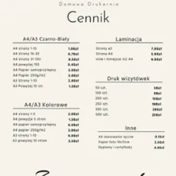 Cennik usług drukarni Domowa Drukarnia, obejmujący druk wizytówek, laminację, druk kolorowy i czarno-biały A4/A3, skanowanie, druk zdjęć i dyplomów.