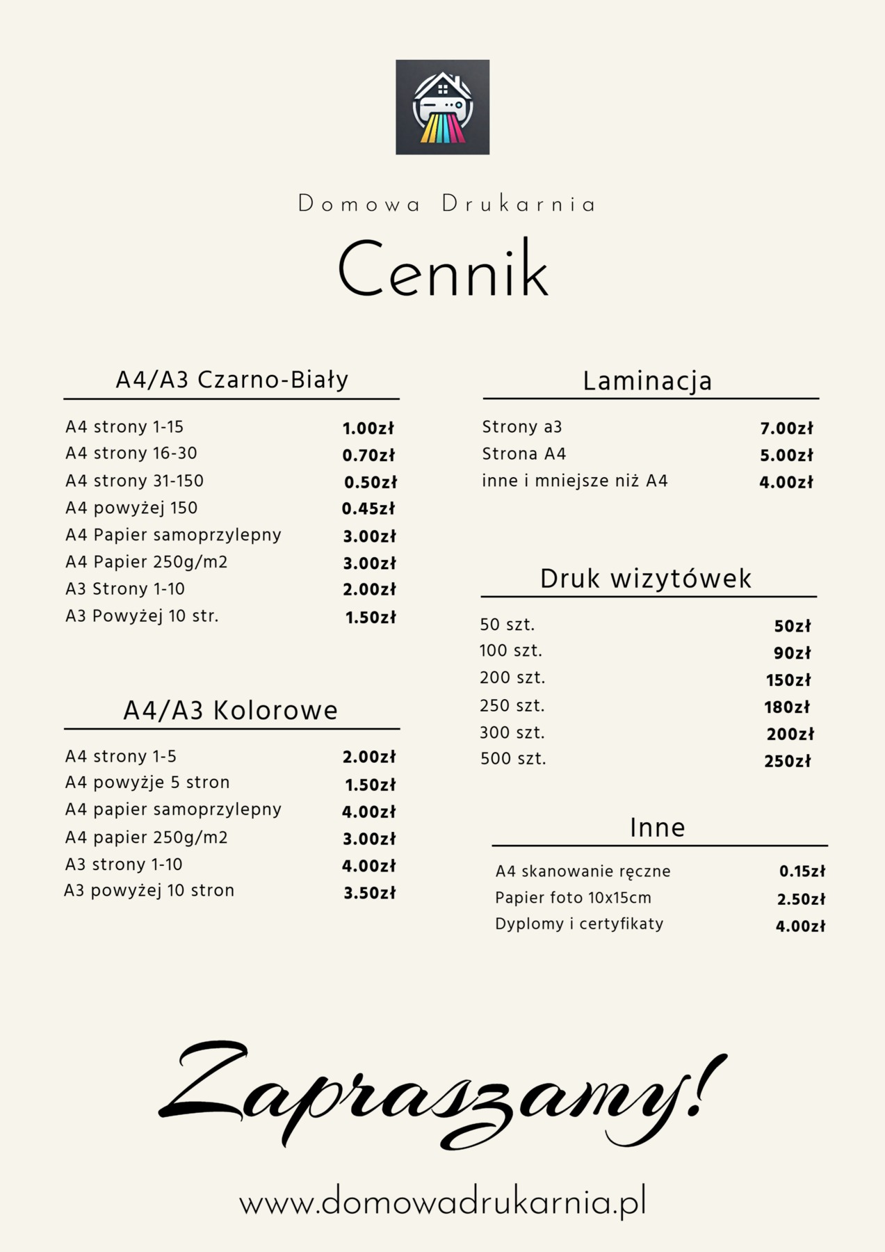 Cennik usług drukarni Domowa Drukarnia, obejmujący druk wizytówek, laminację, druk kolorowy i czarno-biały A4/A3, skanowanie, druk zdjęć i dyplomów.