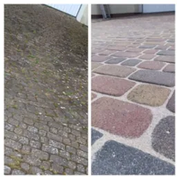 Efekt 'przed i po' na kostce brukowej: po lewej zaniedbana, z mchem i brudem, po prawej czysta, z wyraźnym kolorem i piaskiem w spoinach.