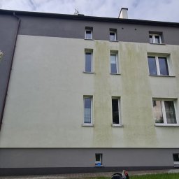 Clean BrukSystems - Dwukondygnacyjny budynek z częściowo umytą elewacją, widoczna różnica przed i po czyszczeniu. Aluminiowa drabina oparta o ścianę. Widoczne zacieki i zabrudzenia.