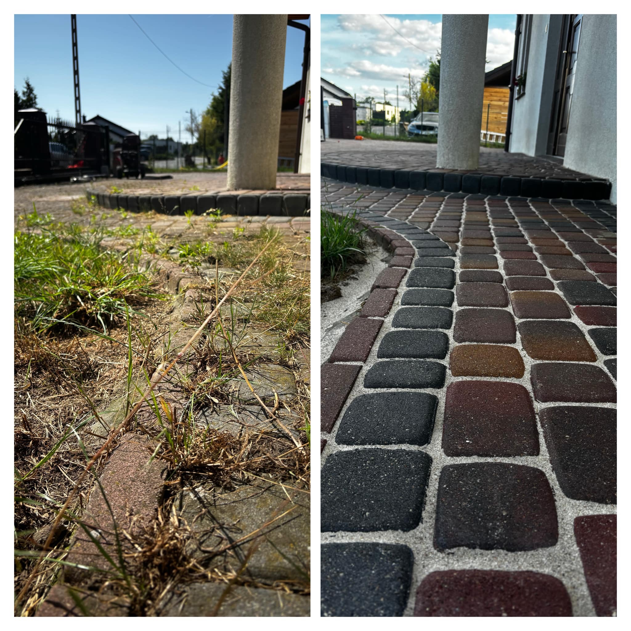 Porównanie stanu kostki brukowej przed i po czyszczeniu: zaniedbana, zarośnięta kontra czysta, zadbana, z kolorową kostką i piaskiem w spoinach. Efekt po czyszczeniu.