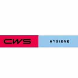 Logo CWS Hygiene: czerwony blok z napisem CWS i błękitny z HYGIENE, na białym tle. Minimalistyczny design.
