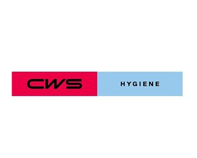 Logo CWS Hygiene: czerwony blok z napisem CWS i błękitny z HYGIENE, na białym tle. Minimalistyczny design.