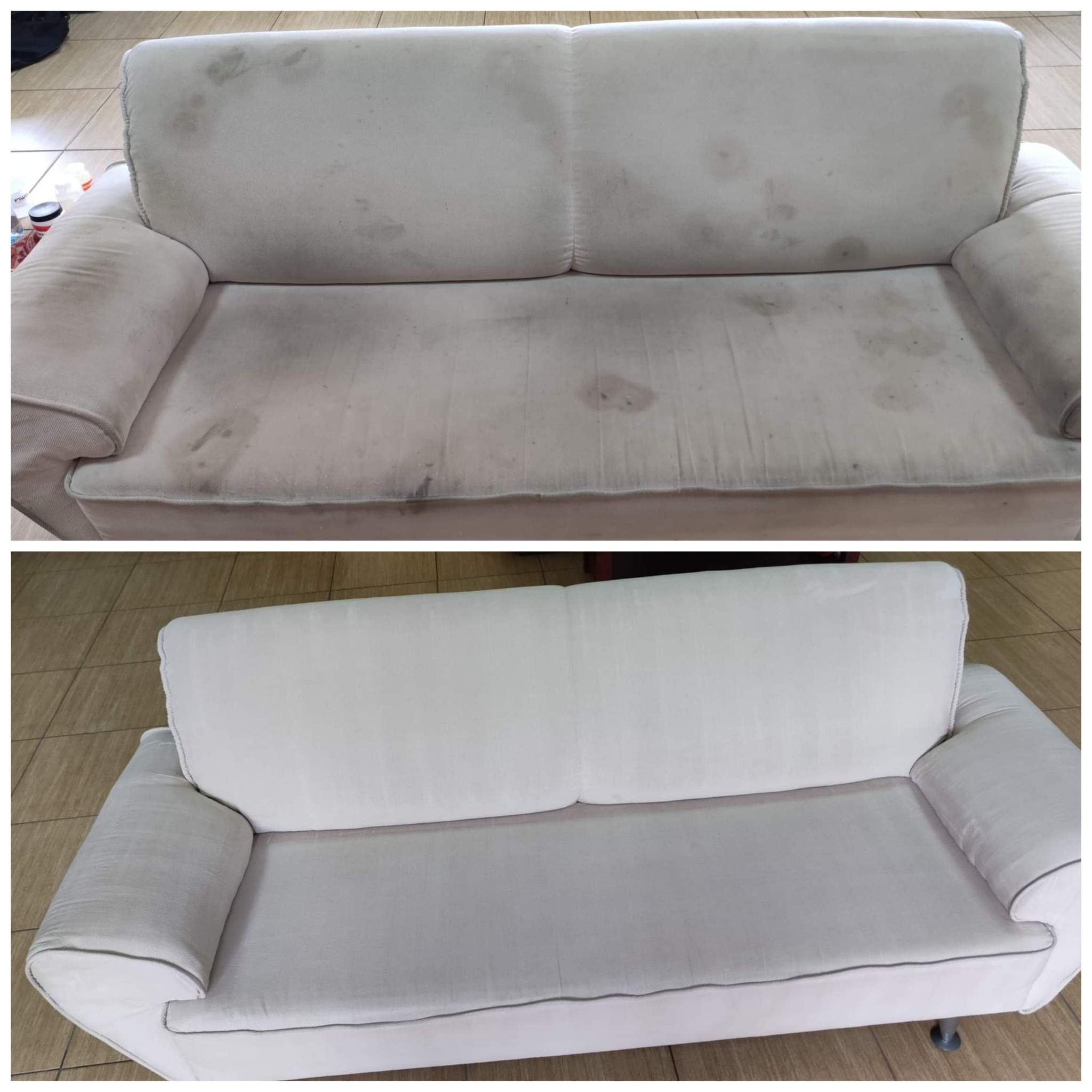 Zdjęcie 'przed i po' przedstawia białą sofę z widocznymi plamami na górnym ujęciu, a na dolnym, po czyszczeniu, sofa jest czysta i odświeżona.