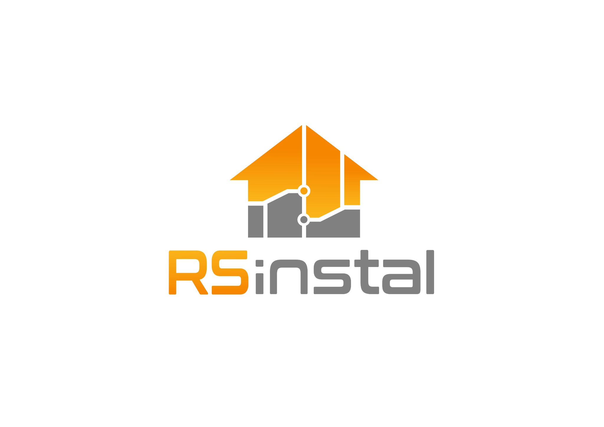 Logo firmy RSinstal: Stylizowany dom z elementami instalacji elektrycznej w kolorach pomarańczowo-szarych, na białym tle. Minimalistyczny i nowoczesny design.