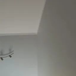 Świeżo pomalowane, jasne ściany w rogu pokoju, widok z dołu, z listwą przysufitową i fragmentem okna z rośliną w tle. Gładkie wykończenie.