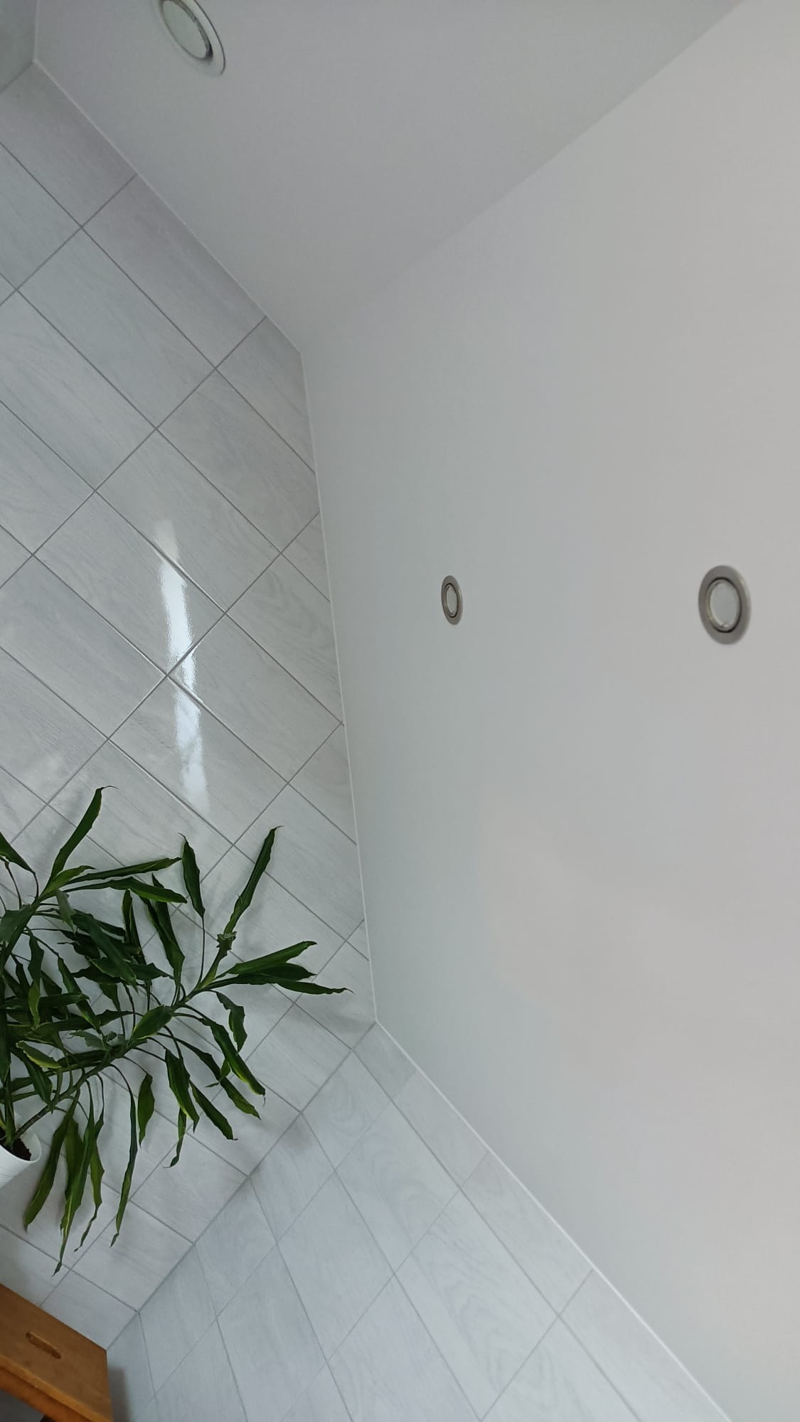 Białe płytki na ścianie ułożone pod kątem, biała ściana z dwoma okrągłymi lampami, zielona roślina w doniczce w rogu. Minimalistyczny design łazienki.