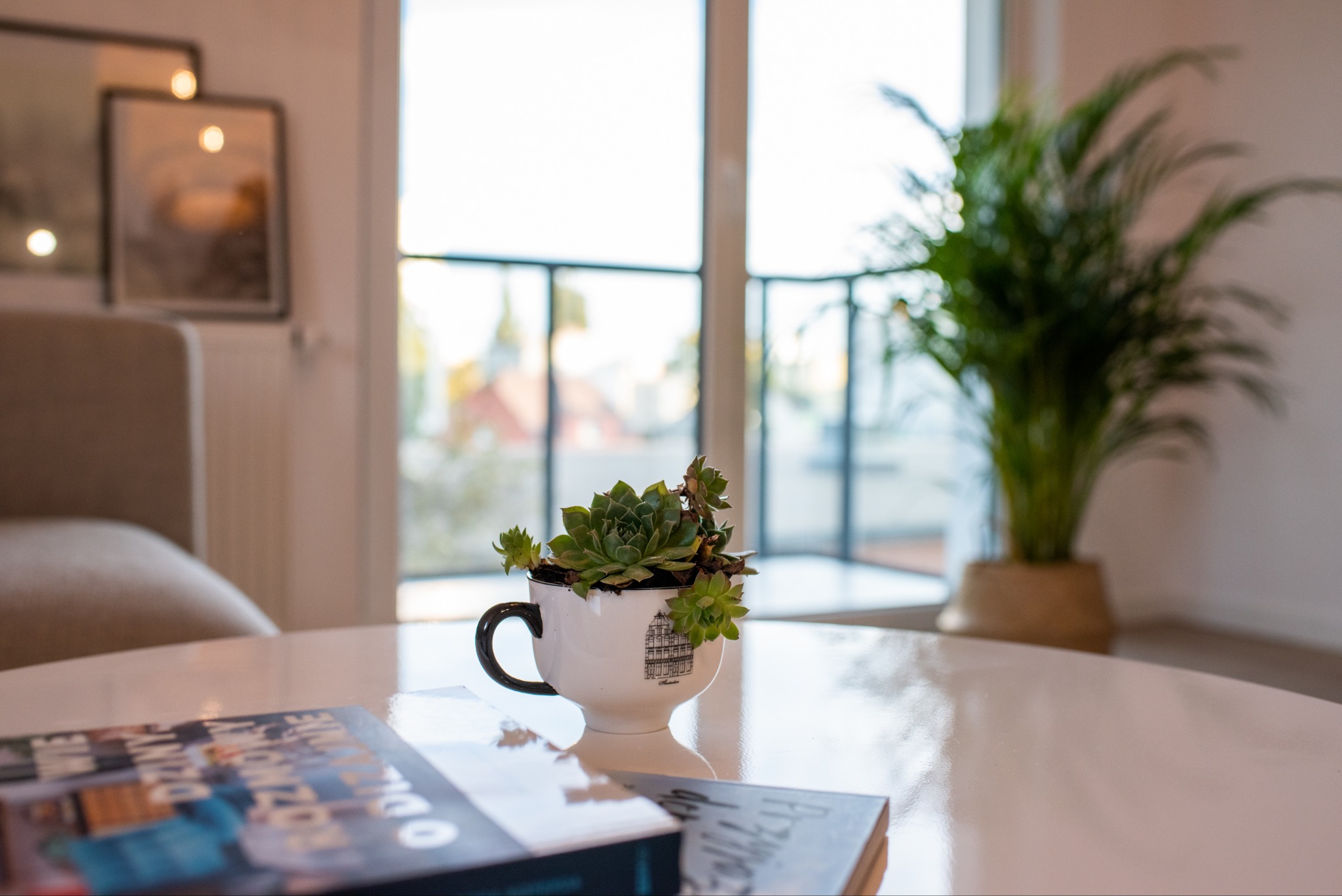 Jasne wnętrze z sukulentem w filiżance na okrągłym stole, książki w tle i roślina doniczkowa przy oknie balkonowym. Minimalistyczny design, naturalne światło.