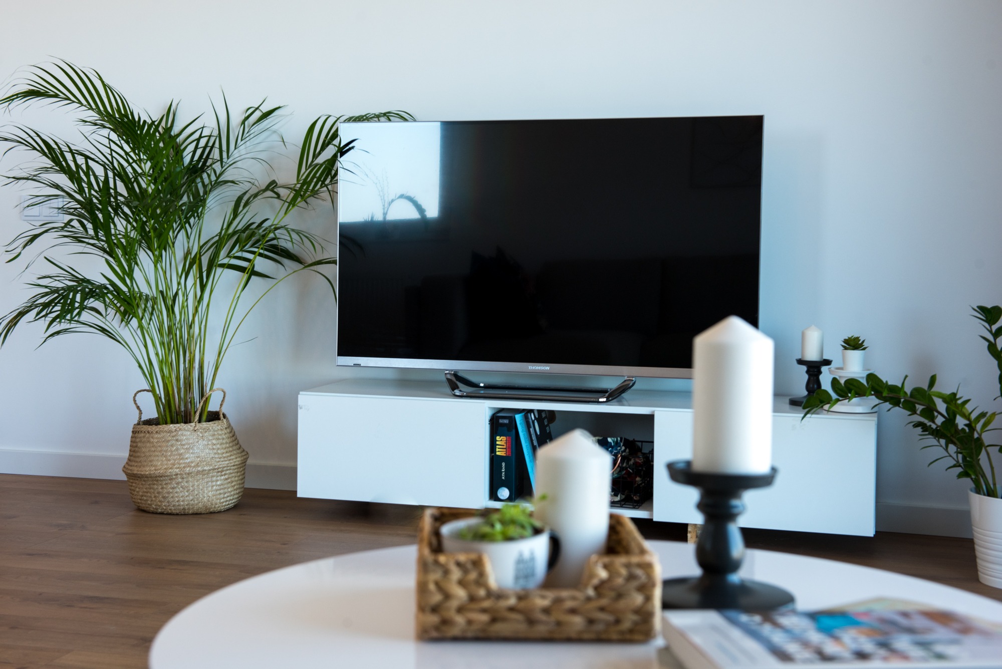 Nowoczesny salon z telewizorem na białej szafce RTV, okrągłym stolikiem kawowym i roślinami doniczkowymi w plecionych koszach.