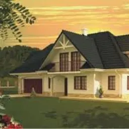 Dwukondygnacyjny dom z ciemnym dachem i białymi ścianami, widoczny z boku, z czerwonymi kwiatami w lewym dolnym rogu, na tle zielonych drzew i pomarańczowego nieba.