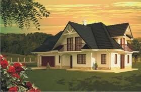 Dwukondygnacyjny dom z ciemnym dachem i białymi ścianami, widoczny z boku, z czerwonymi kwiatami w lewym dolnym rogu, na tle zielonych drzew i pomarańczowego nieba.