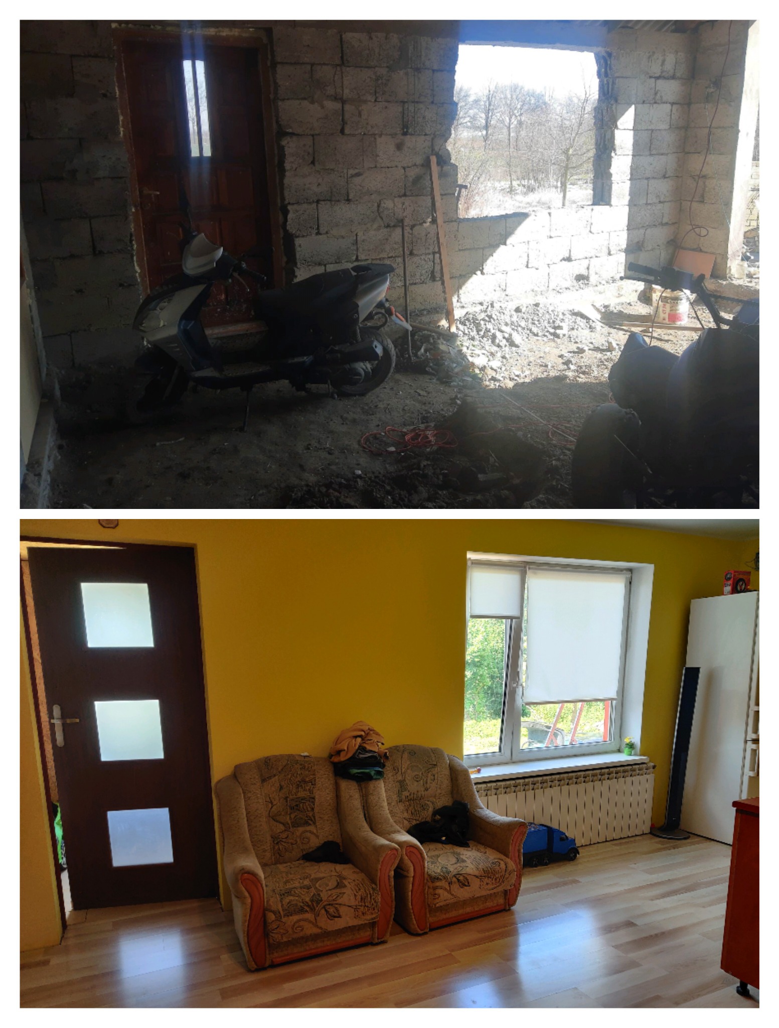 Zdjęcie 'przed i po' remontu pokoju: surowe mury z motorem kontra odnowione wnętrze z żółtymi ścianami, brązowymi fotelami i oknem z roletą.