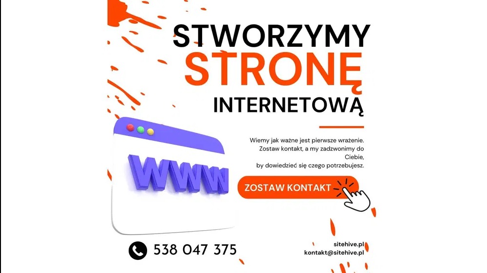 Grafika reklamowa: 'Stworzymy stronę internetową', ikona przeglądarki z adresem WWW, numer telefonu i adres e-mail. Pomarańczowe plamy w tle.