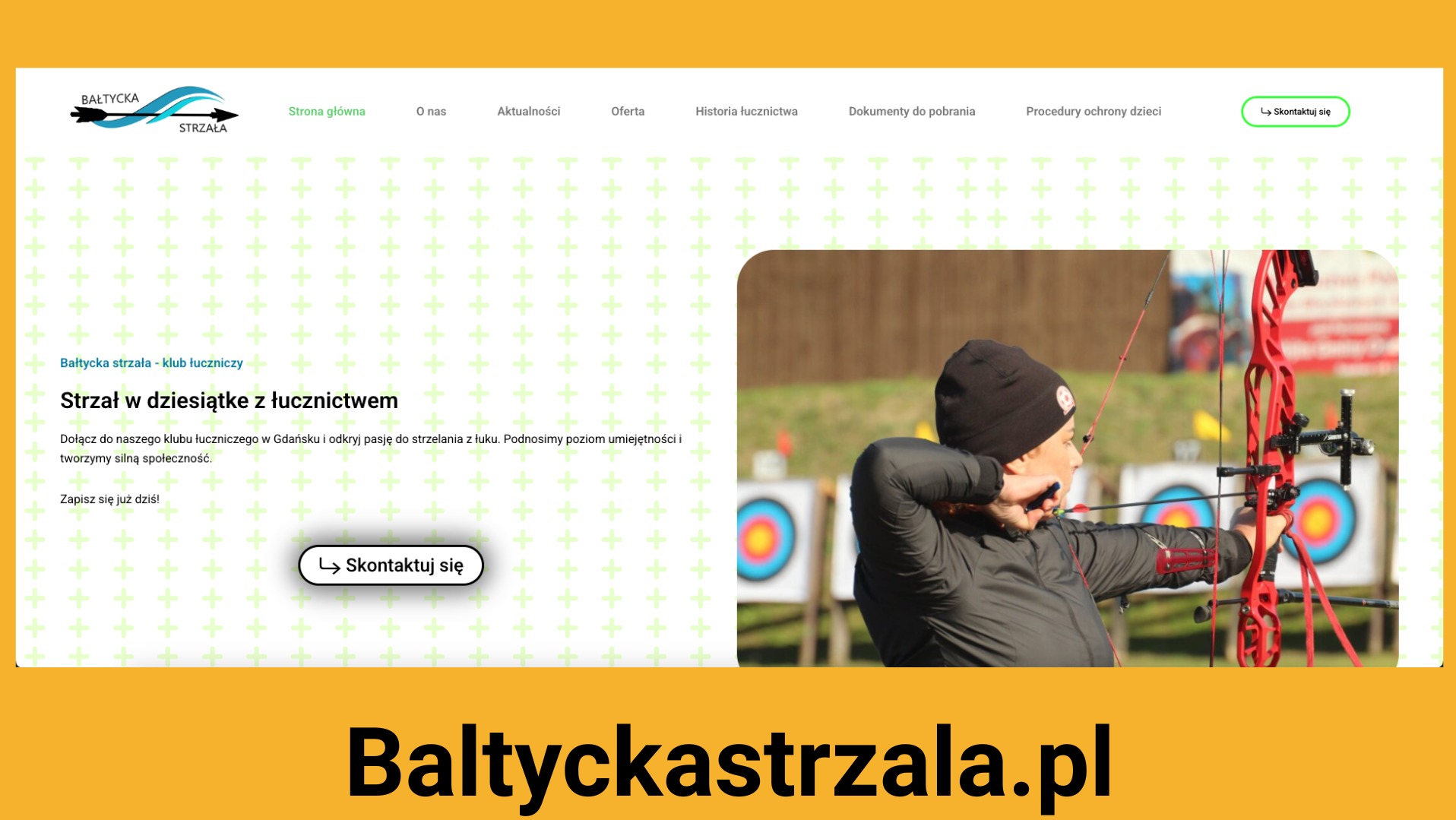 Strona internetowa klubu łuczniczego Bałtycka Strzała z Gdańska. Na stronie widoczny łucznik celujący do tarczy.