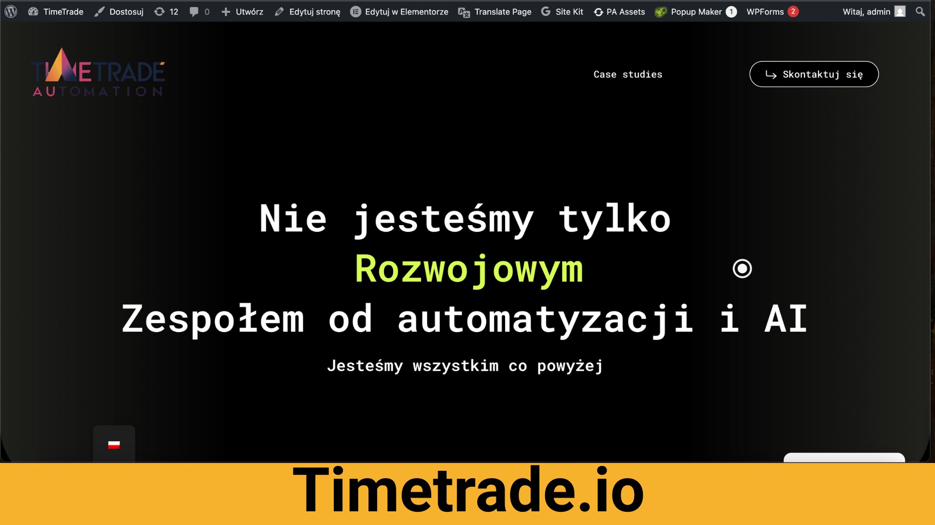 Strona internetowa TimeTrade.io z hasłem 'Nie jesteśmy tylko Rozwojowym Zespołem od automatyzacji i AI'. Minimalistyczny design z logo w lewym górnym rogu.