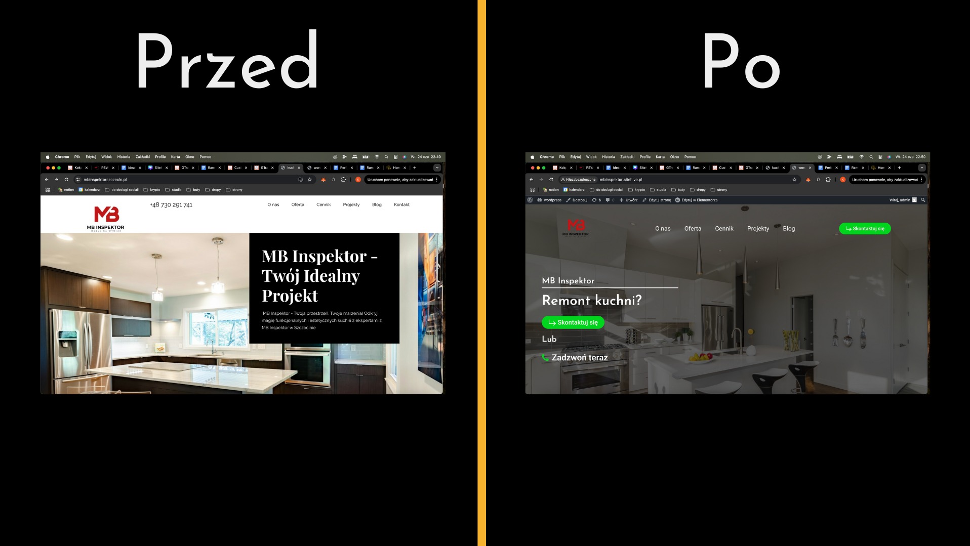 Prezentacja strony internetowej 'MB Inspektor' przed i po zmianach. Po lewej strona przed, po prawej po zmianach. Widoczny remont kuchni w tle.